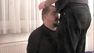 Blowjob and cum facial&comma; fully clothed and handcuffed